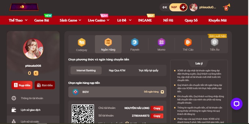 Các phương thức nạp tiền Xo88 phổ biến